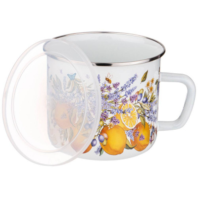 935-043 Кружка эмалированная 1,5л с пластиковой крышкой, индукция, Agness, серия Прованс лимоны